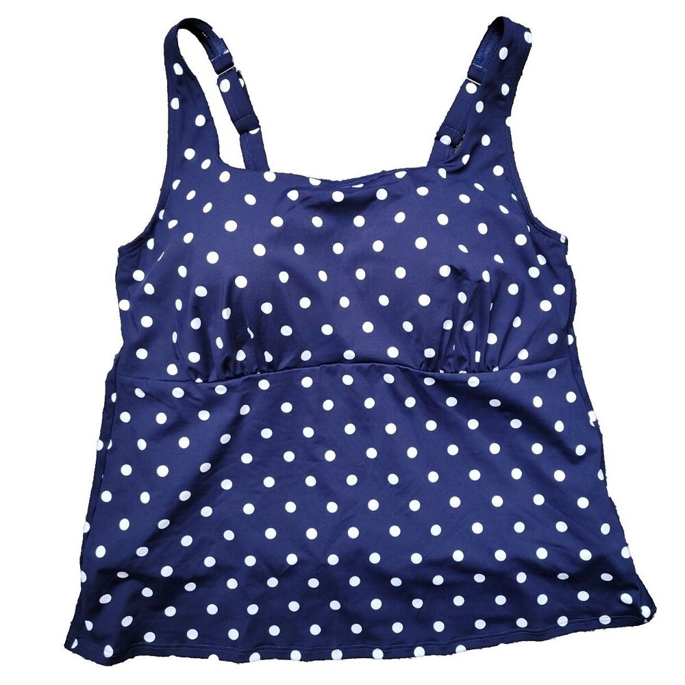 Lands' End Swim Top Navy 16W Square Neck Tankini Polka Dot 1X Underwire S86